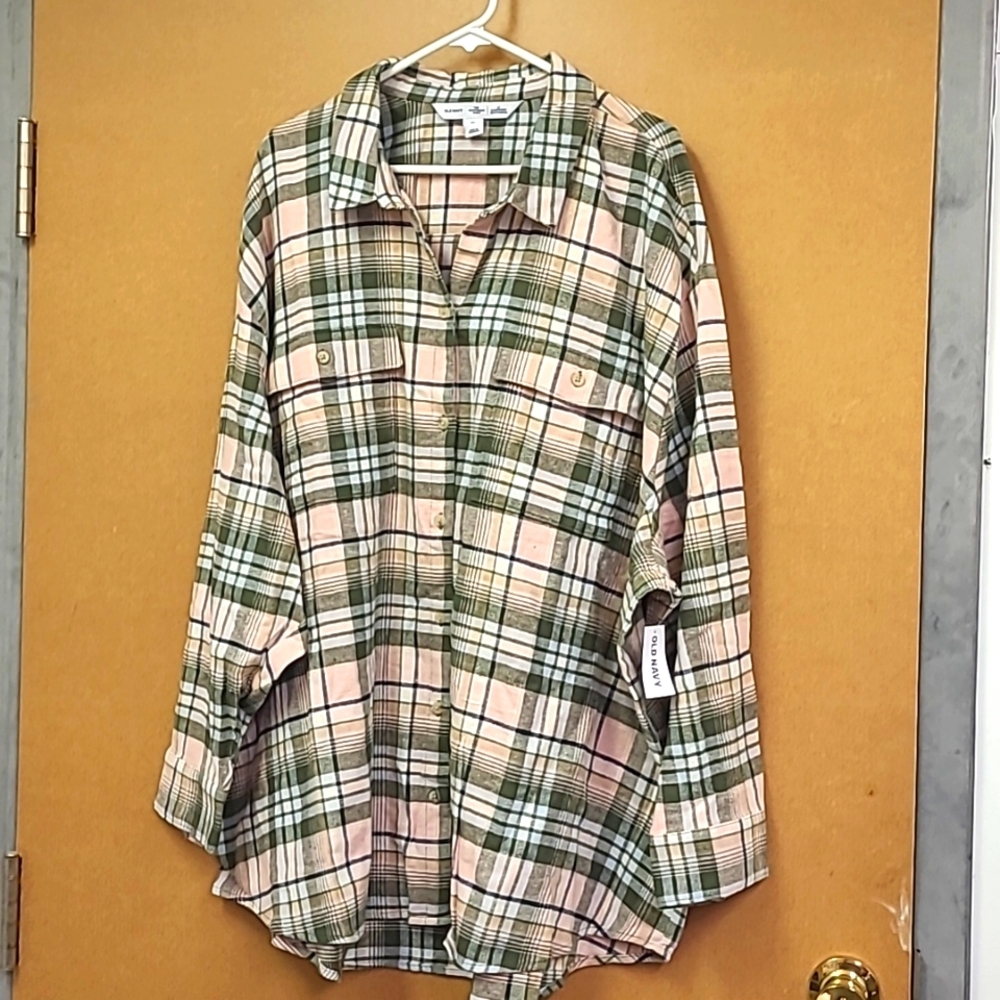 Old Navy Size 3X Pink and Green Plaid Button Down Shirt
